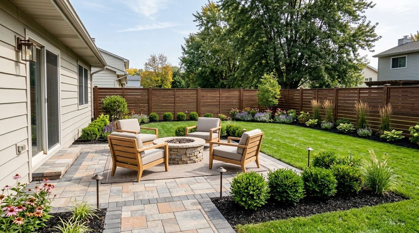 Lush landscape design with flowering shrubs and mulch